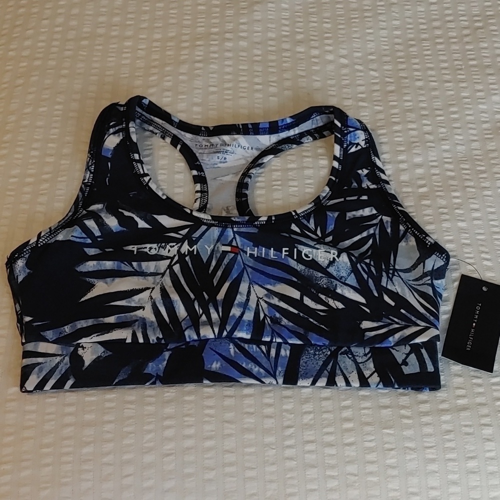 💚Tommy Hilfiger Women's Kiwi Printed Logo Sports Bra CD4 Blue Small NWT